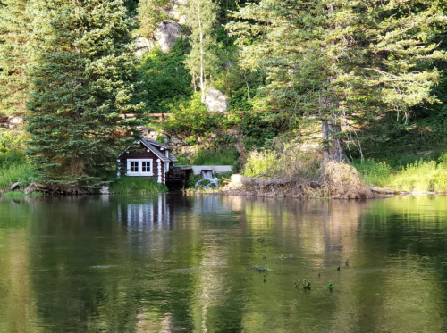 A small wooden cabin by a serene lake, surrounded by lush greenery and tall trees. Reflections shimmer on the water.
