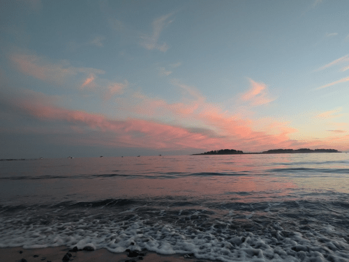 A serene beach scene at sunset, with soft pink clouds reflecting on calm water and gentle waves lapping at the shore.