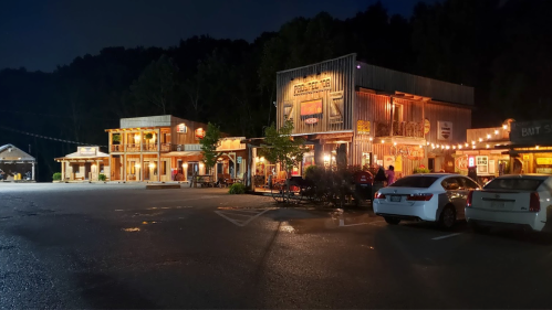A charming night scene of rustic buildings with warm lights, surrounded by trees and parked cars in a quiet area.