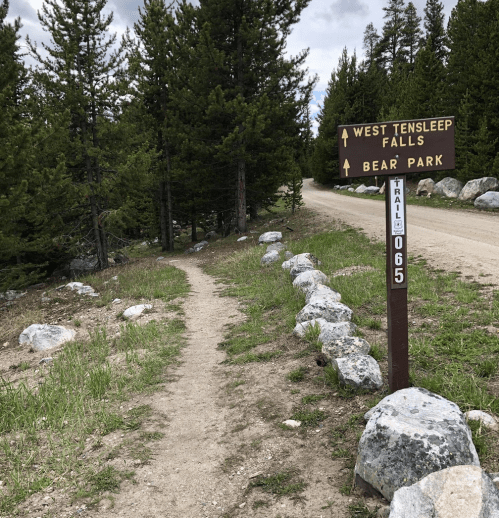 Trail sign directing to West Tensleep Falls and Bear Park, surrounded by trees and rocky path.