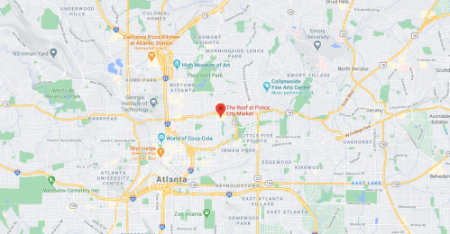 Map of Atlanta highlighting "The Roof at Ponce City Market" location with nearby landmarks and streets.