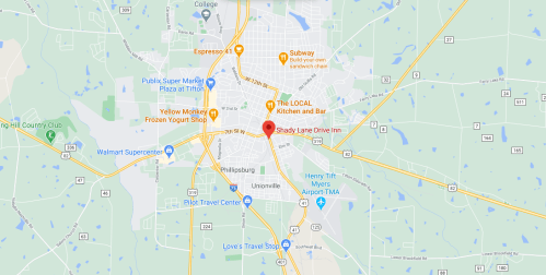 Map showing Phillipsburg, Unionville, and nearby locations, with a red marker indicating Shady Lane Drive-In.
