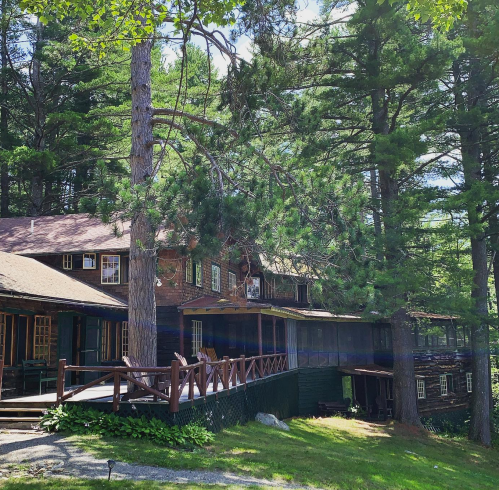A rustic cabin surrounded by tall trees, featuring a wooden deck and lush green grass in a serene forest setting.
