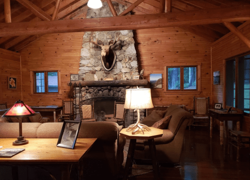 Cozy cabin interior with wooden walls, a stone fireplace, a mounted deer head, and comfortable seating.