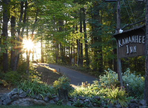 A sunbeam shines through trees near the Kamanhee Inn sign, illuminating a winding path in a serene forest setting.