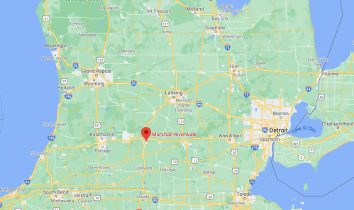 Map showing the location of Marshall Riverwalk in Michigan, near major cities like Detroit and Grand Rapids.
