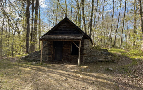 A rustic stone cabin surrounded by trees in a serene forest setting.