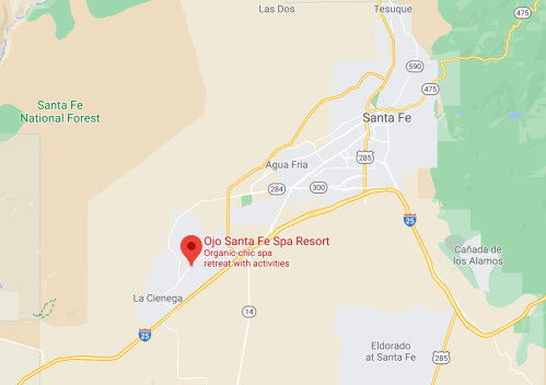 Map showing the location of Ojo Santa Fe Spa Resort near Santa Fe, New Mexico, with nearby roads and landmarks.