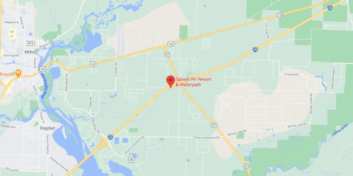 Map showing the location of Splashtown RV Resort & Waterpark near Milton, Florida, with nearby highways and roads.