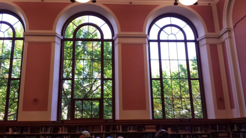 Large arched windows in a library, framed by pink walls, showcasing green trees outside.