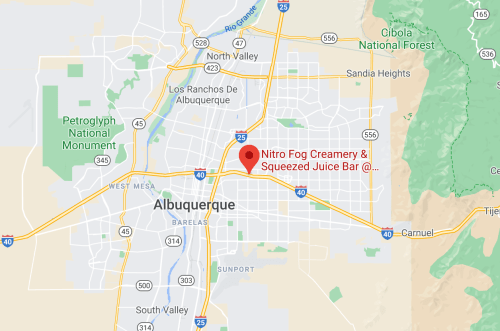 Map showing Albuquerque, New Mexico, with a marker for Nitro Fog Creamery & Squeezed Juice Bar.