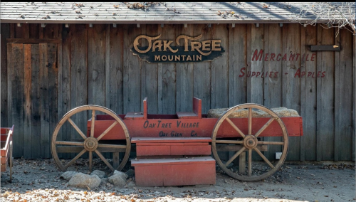 A rustic red wagon in front of a wooden building with signs for "Oak Tree Mountain" and "Mercantile Supplies."
