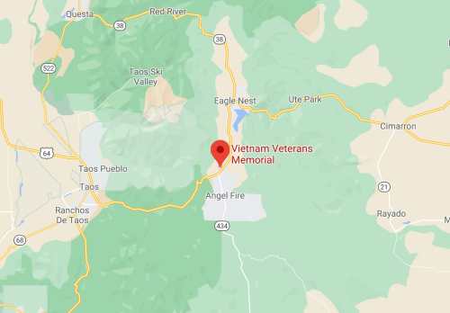 Map showing the location of the Vietnam Veterans Memorial near Angel Fire, New Mexico, surrounded by green areas.