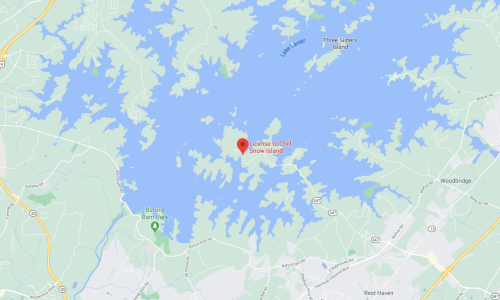 Map showing a lake with islands, labeled "Location to Chill: Snow Islands," surrounded by roads and nearby towns.
