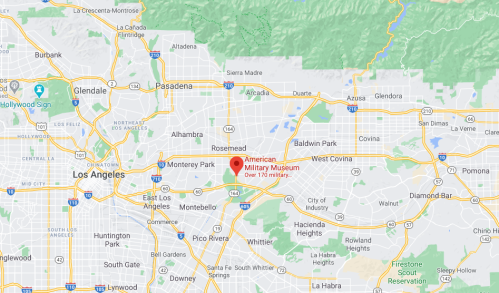 Map showing the location of the American Military Museum in Los Angeles, California, with nearby cities and highways.