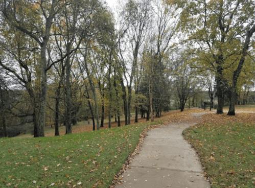 A winding concrete path through a park with trees and fallen leaves, under a cloudy sky.