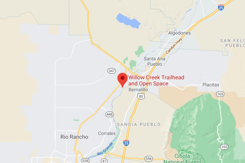 Map showing the location of Willow Creek Trailhead and Open Space near Bernalillo, New Mexico.