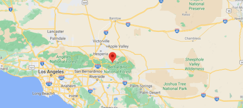 Map showing the San Bernardino National Forest area, near Los Angeles, California, with major highways and nearby cities.