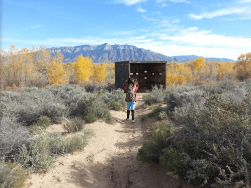 Two children walking on a sandy path towards a small wooden structure, surrounded by shrubs and autumn-colored trees.