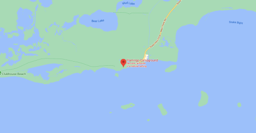 Map showing Flamingo Campground located near Bear Lake, surrounded by water and natural scenery.