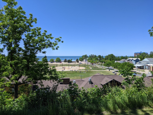 A scenic view of a park with green grass, trees, and a beach in the background under a clear blue sky.