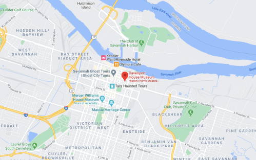 Map of Savannah, Georgia, highlighting attractions like Davenport House Museum and various ghost tours.