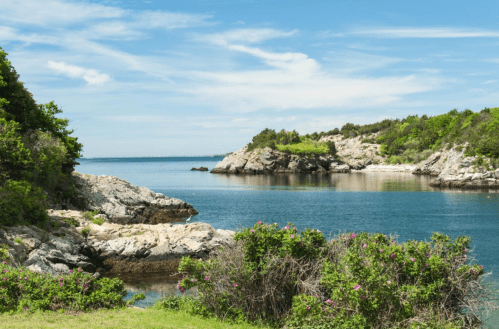 A serene coastal scene with rocky shores, lush greenery, and calm blue waters under a clear sky.