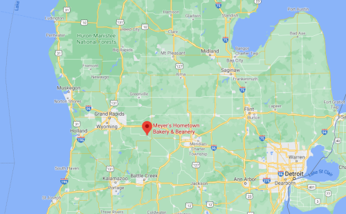 Map showing the location of Meyer's Hometown Bakery & Beanery in central Michigan.