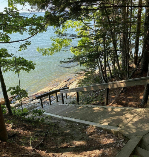 A wooden staircase leads down to a calm lake, surrounded by trees and rocky shoreline.