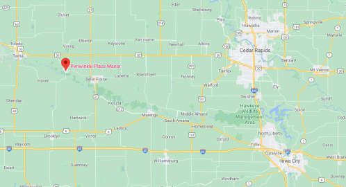 Map showing the location of Periwinkle Place Manor in Iowa, near Toledo and Cedar Rapids.