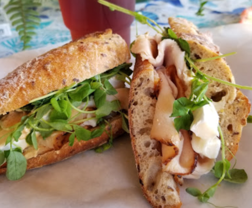 A close-up of two sandwiches on a plate, filled with turkey, greens, and creamy sauce, with a drink in the background.