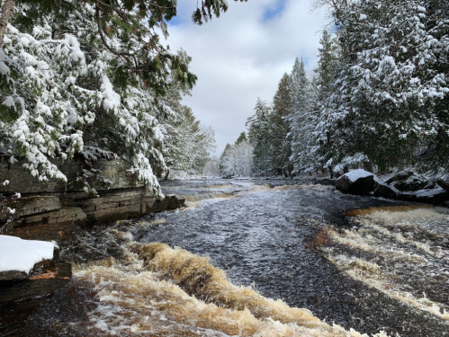 A snowy river scene with flowing water, surrounded by trees and a cloudy sky.