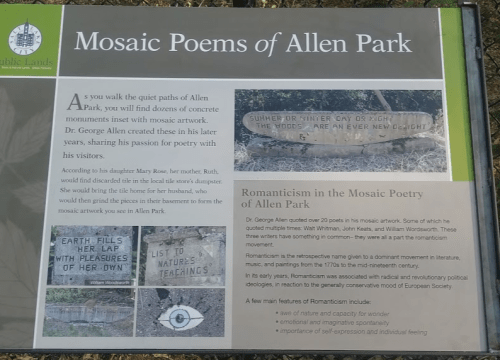 Sign about "Mosaic Poems of Allen Park," detailing Dr. George Allen's artistic contributions and poetic inspirations.