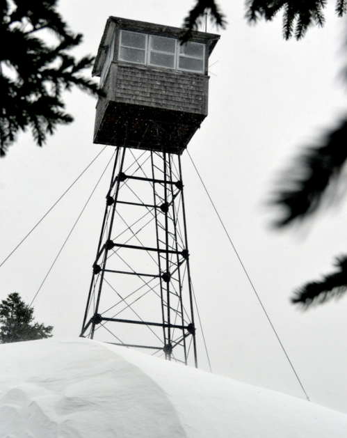 A tall fire lookout tower stands on a snowy landscape, surrounded by trees, with snowflakes gently falling.