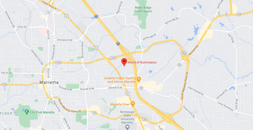 Map showing the location of World of Illumination in Marietta, near major roads and landmarks.
