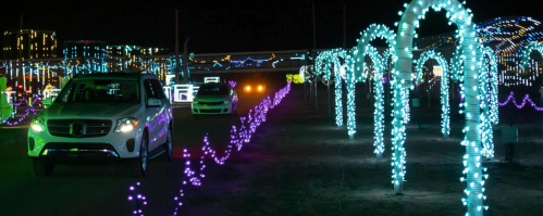 A nighttime scene of cars driving through a colorful light display with arches of blue and purple lights.