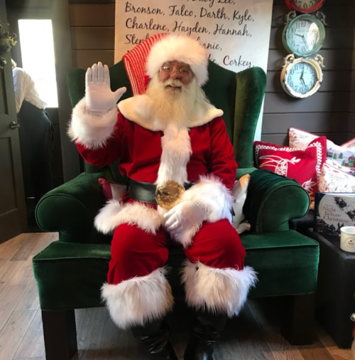 Santa Claus in a festive green chair, waving, wearing a red suit with white fur trim and a gold belt. Holiday decorations in background.