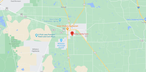Map showing the location of Kirby Family Farm near Raleigh, with nearby landmarks and roads indicated.