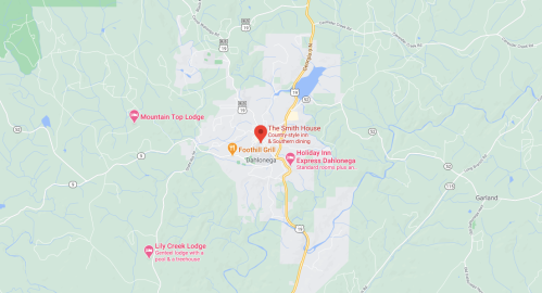 Map showing locations in Dahlonega, Georgia, including The Smith House and nearby lodges and restaurants.