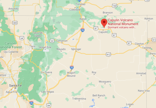 Map showing Capulin Volcano National Monument in New Mexico, highlighting its location near Raton and major highways.