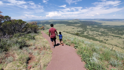 A man and a child walk hand in hand along a path with a scenic view of green hills and a blue sky.