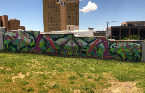 Colorful mural featuring abstract animals and nature scenes on a wall, with a city building in the background.