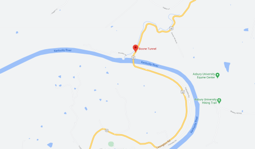 Map showing Boone Tunnel near the Kentucky River, with nearby locations marked, including Asbury University.