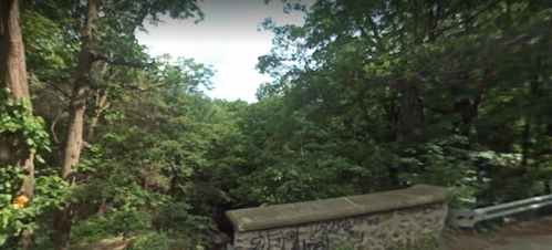 Lush green trees surround a stone wall overlooking a dense forested area under a clear sky.