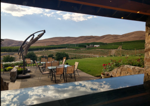 A scenic view of a vineyard with mountains in the background, featuring outdoor seating and a cloudy sky.