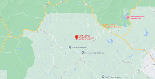 Map showing the location of North Georgia Wildlife Park & Zoo, surrounded by roads and nearby attractions.