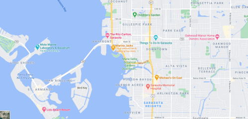 Map of Sarasota, Florida, highlighting locations like Bayfront, Ritz-Carlton, and Sarasota Memorial Hospital.