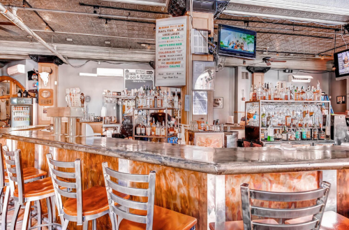A cozy bar interior with a polished counter, shelves of liquor, and wooden stools, featuring a TV and menu board.