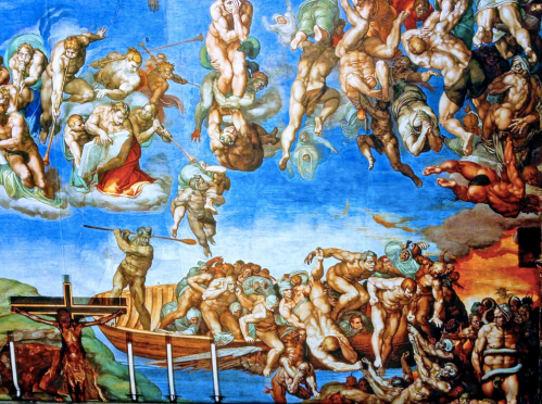 A vibrant fresco depicting a chaotic scene of figures in motion, set against a blue sky with clouds and a landscape below.