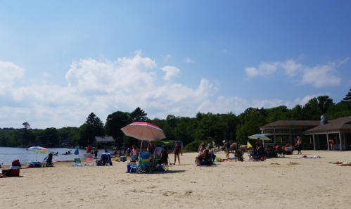 A sunny beach scene with people relaxing under umbrellas, surrounded by trees and a calm lake.